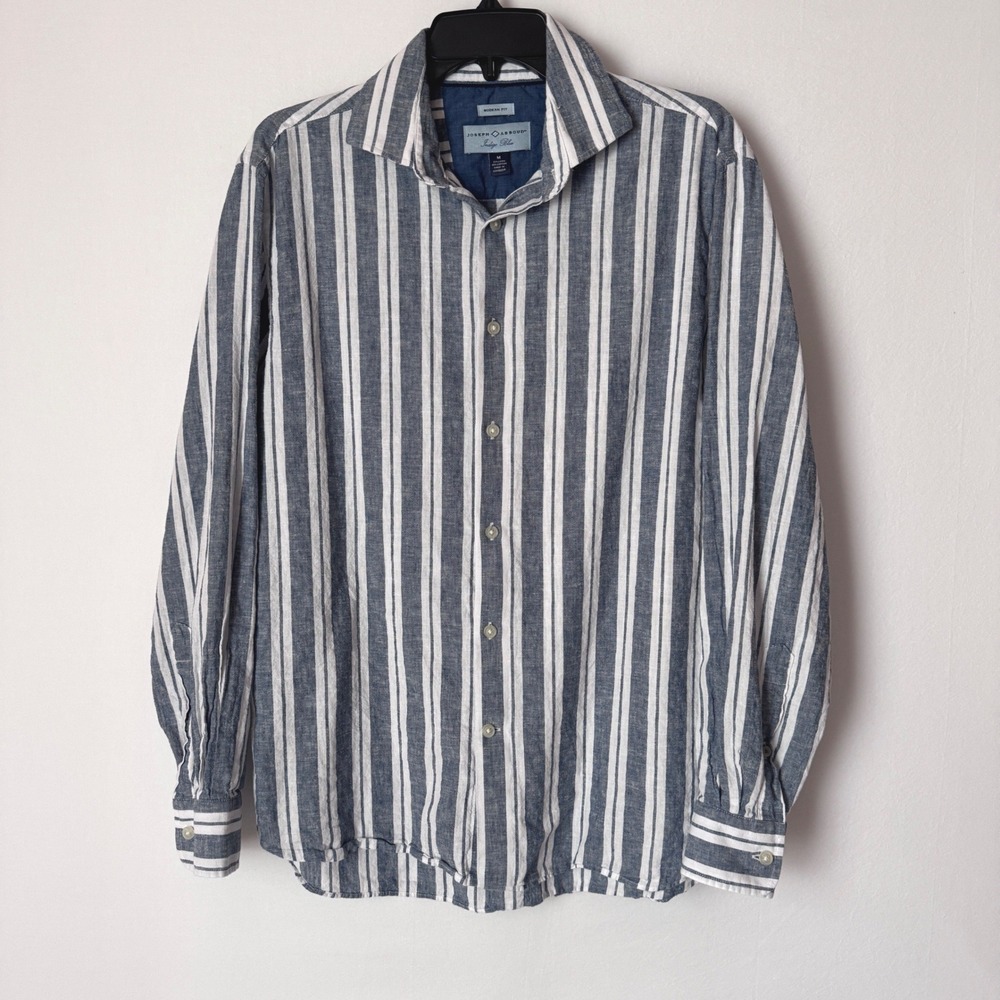 Joseph Abboud Button Down Modern Fit Mens M Blue White Striped Linen Blend Shirt